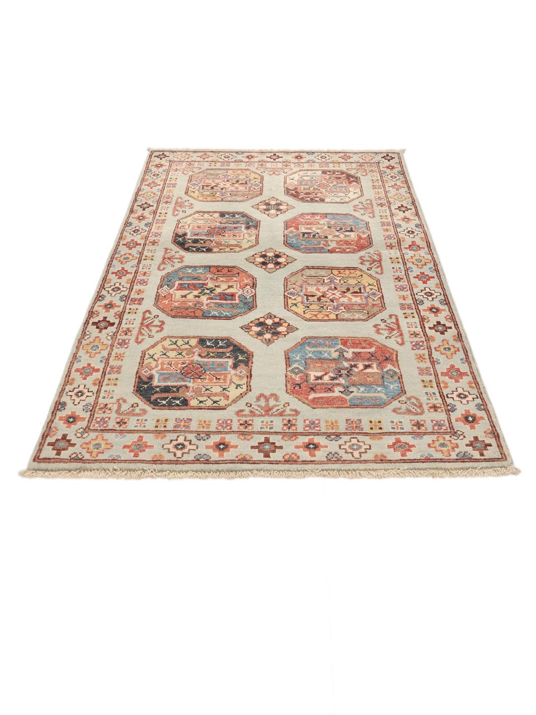 Handgeknüpfter afghanischer Teppich mit geometrischen Motiven aus beiger Wolle