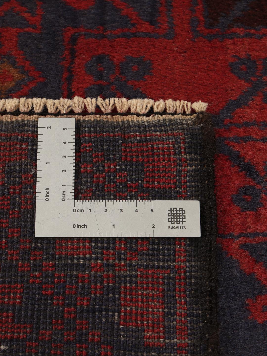 Autentisk afghansk håndknyttet løber med geometriske motiver i rød og blå
