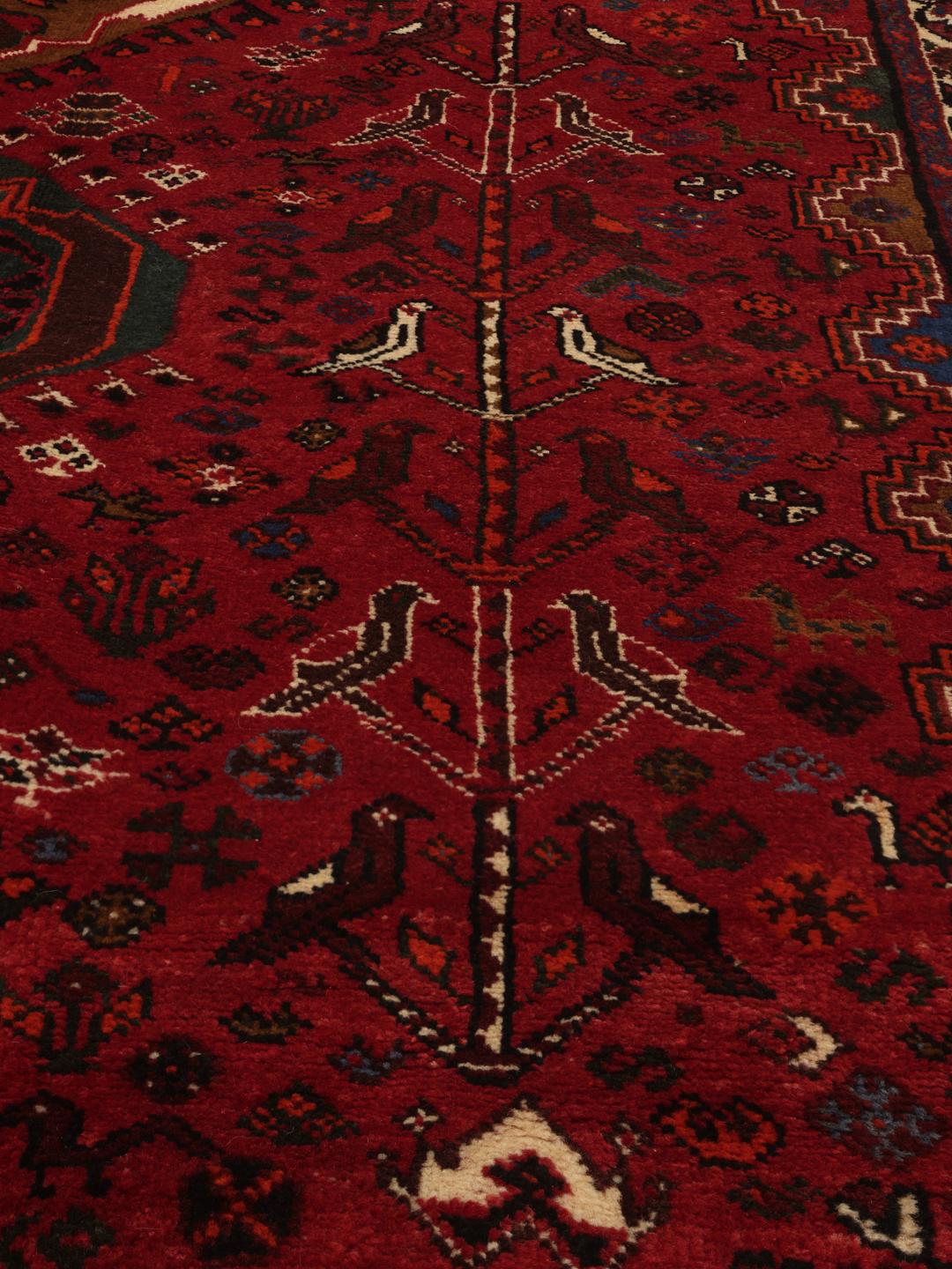 Hand-woven Shiraz rug from the Middle East featuring a red and black tribal pattern.