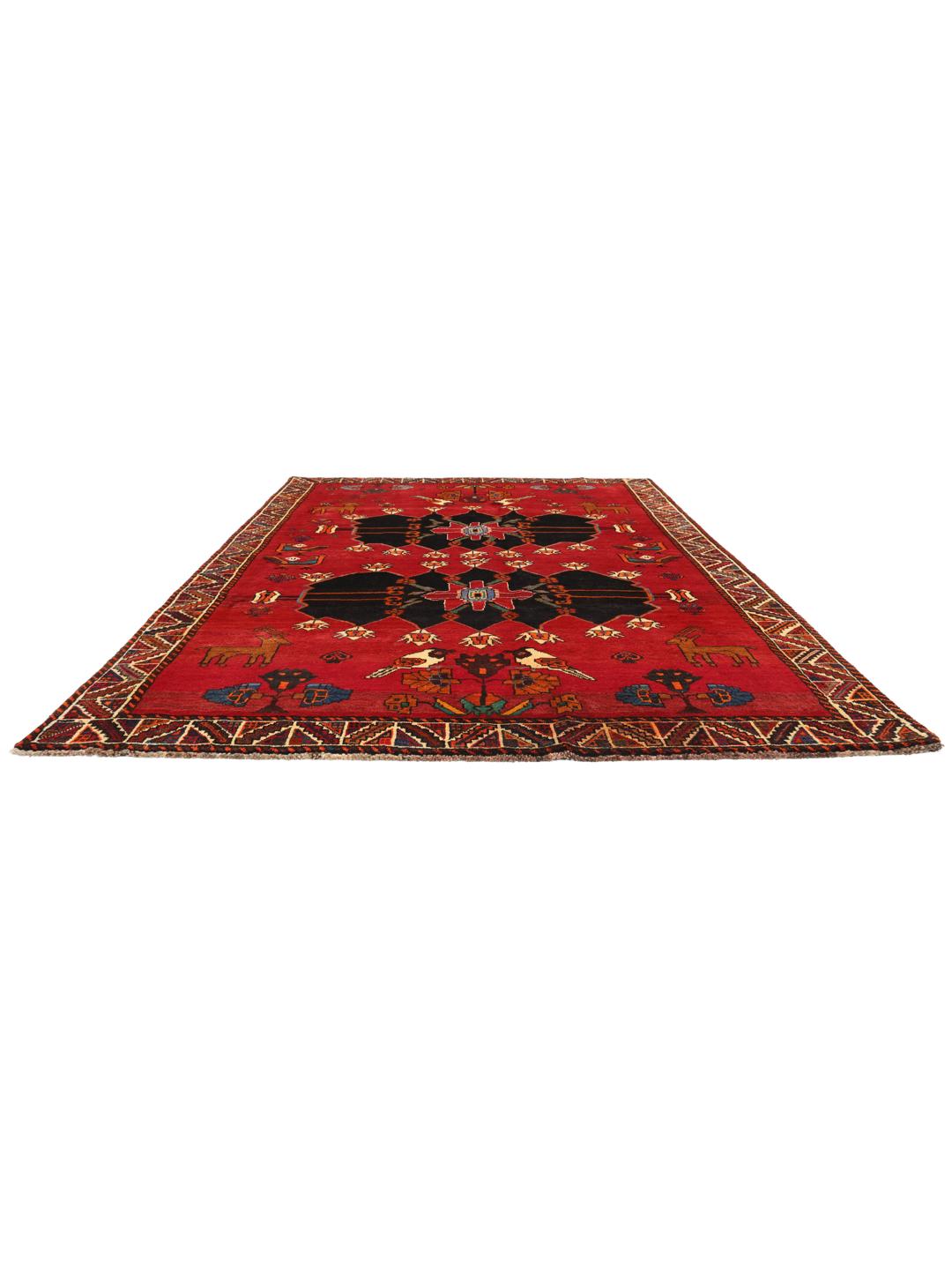 Hand-knotted Middle Eastern Ghashghai rug in red with tribal pictorial motifs