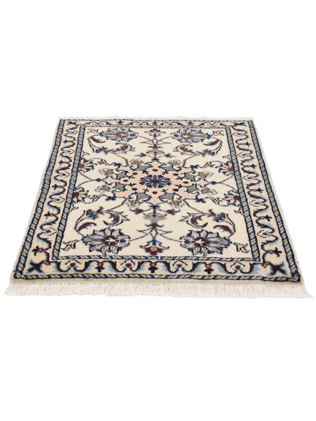 Hand-knotted Nain rug from the Middle East in beige, blue, and red tones.