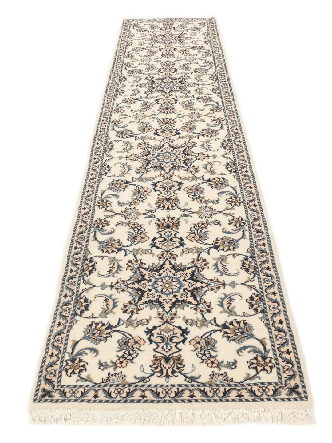 Hand-knotted Nain runner in beige with intricate floral patterns