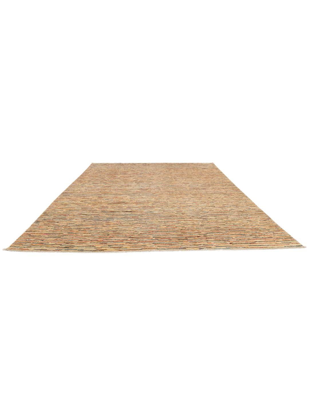 Tapis afghan moderne noué à la main avec un motif à rayures dans des tons beiges et multicolores