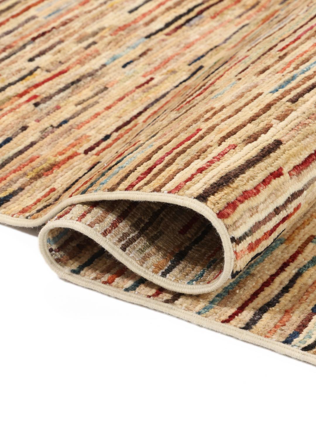 Tapis afghan moderne noué à la main avec un motif à rayures dans des tons beiges et multicolores