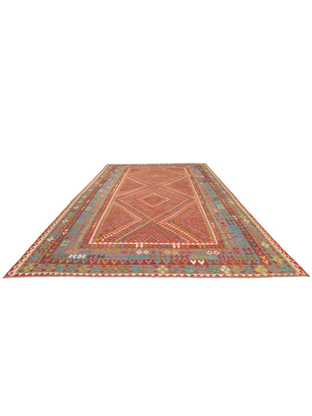 Een groot handgeweven Afghan Kelim-tapijt met een levendig veelkleurig geometrisch patroon