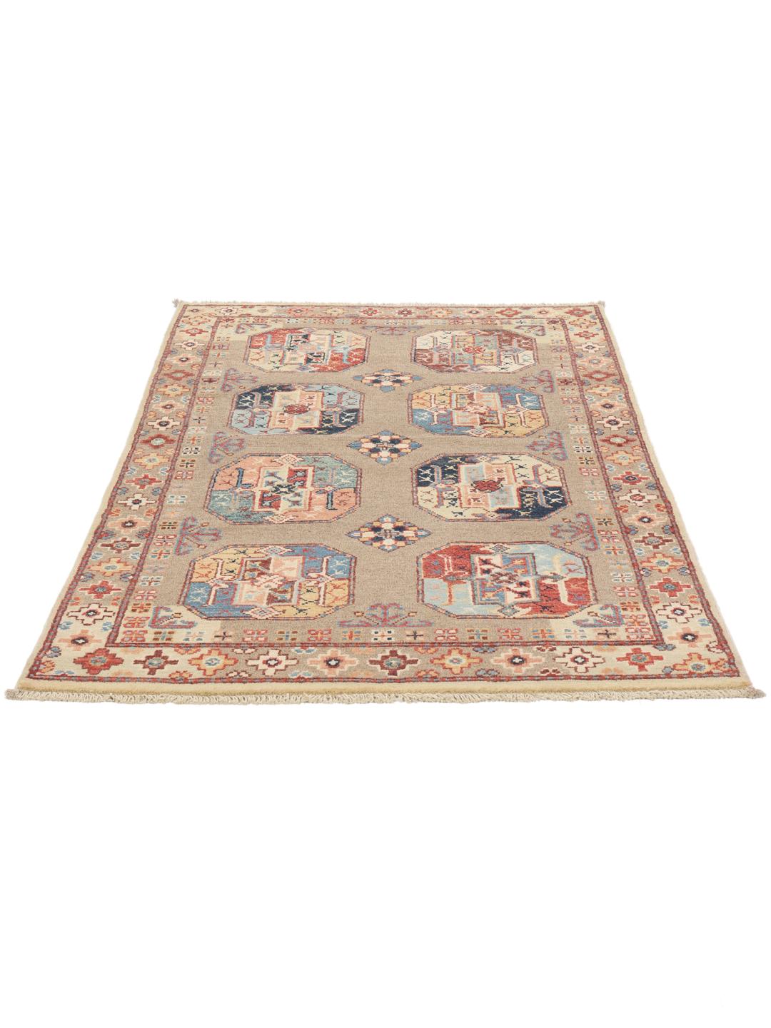 Handgeknoopt Afghaans Kazak-tapijt met een beige veld en geometrische motieven