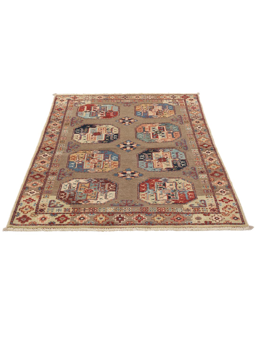 Handgeknoopt Afghaans Kazak-tapijt met een beige veld en geometrische motieven