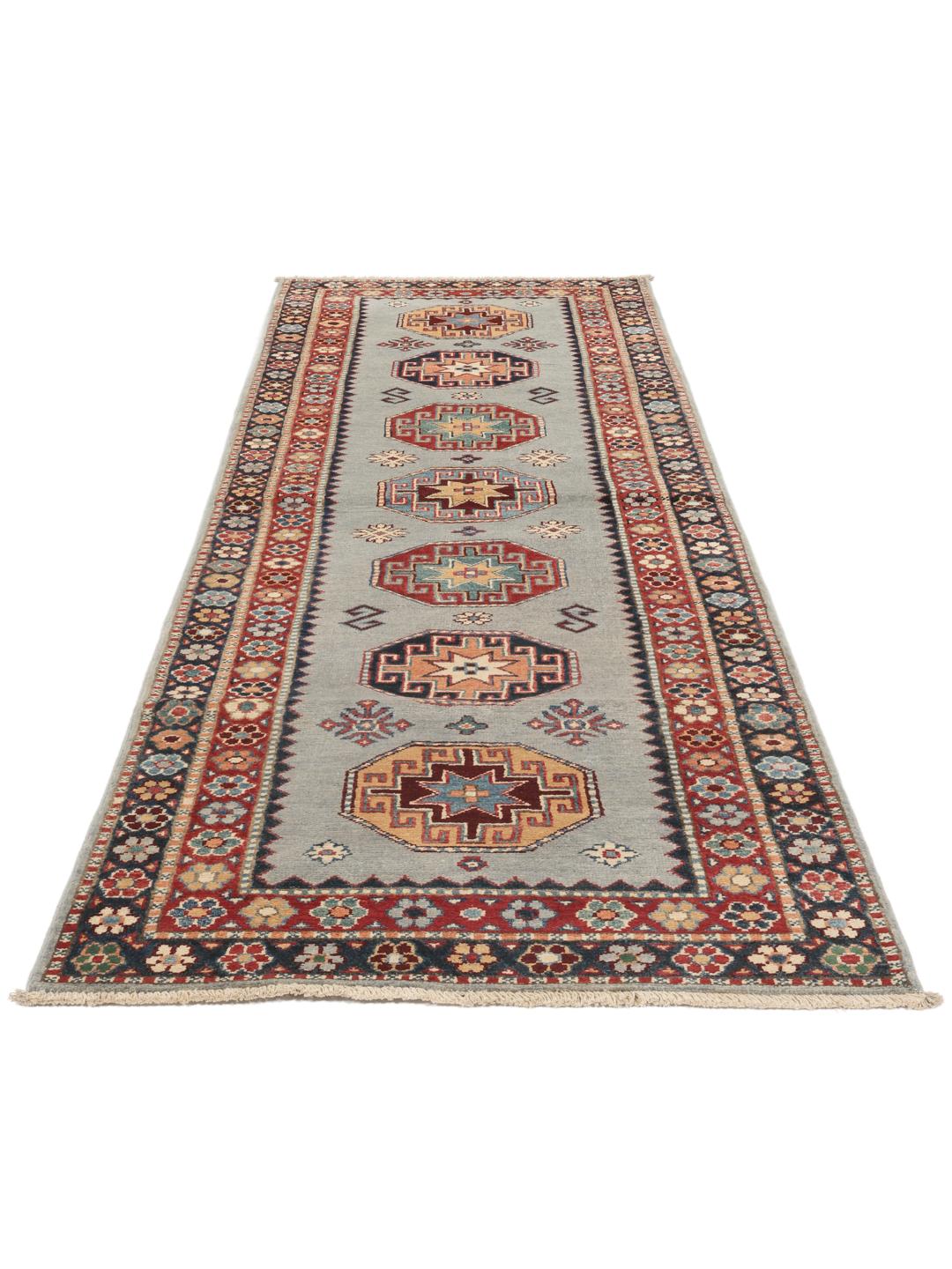 Handgefertigter Kazak-Läufer aus Afghanistan in Blau mit geometrischen Mustern