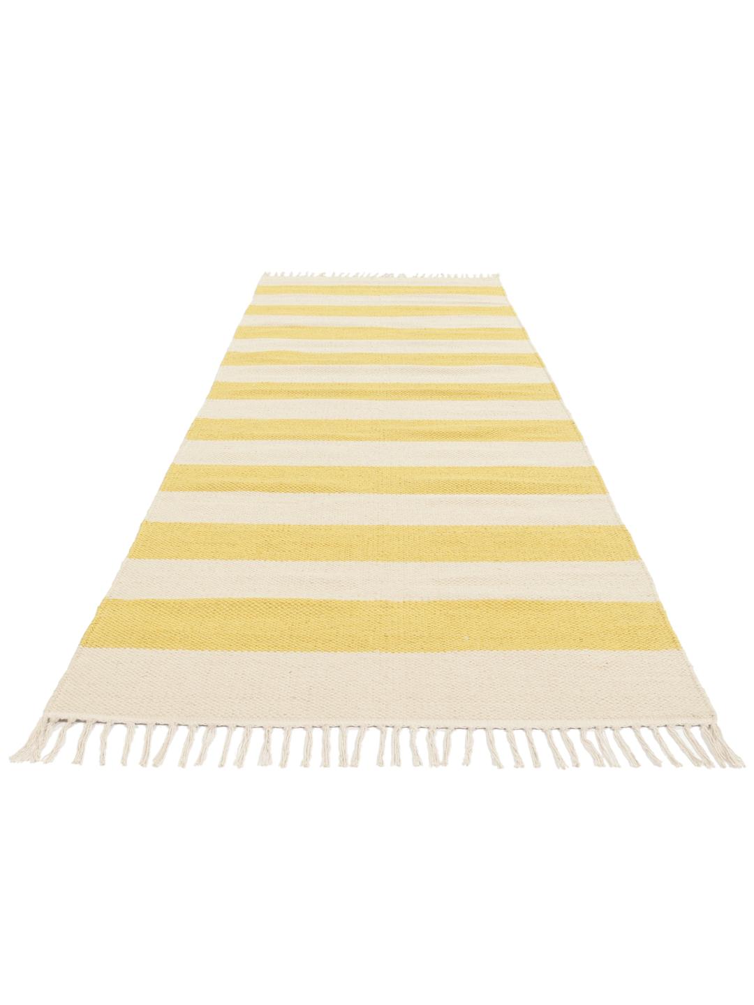 Tapis de couloir en coton tissé à la main à rayures jaunes et blanches avec détails de franges