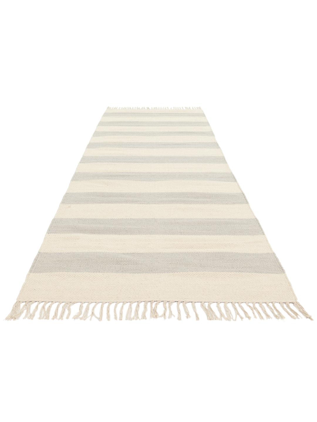 Tapis de couloir en coton tissé à la main avec un motif rayé gris et blanc cassé