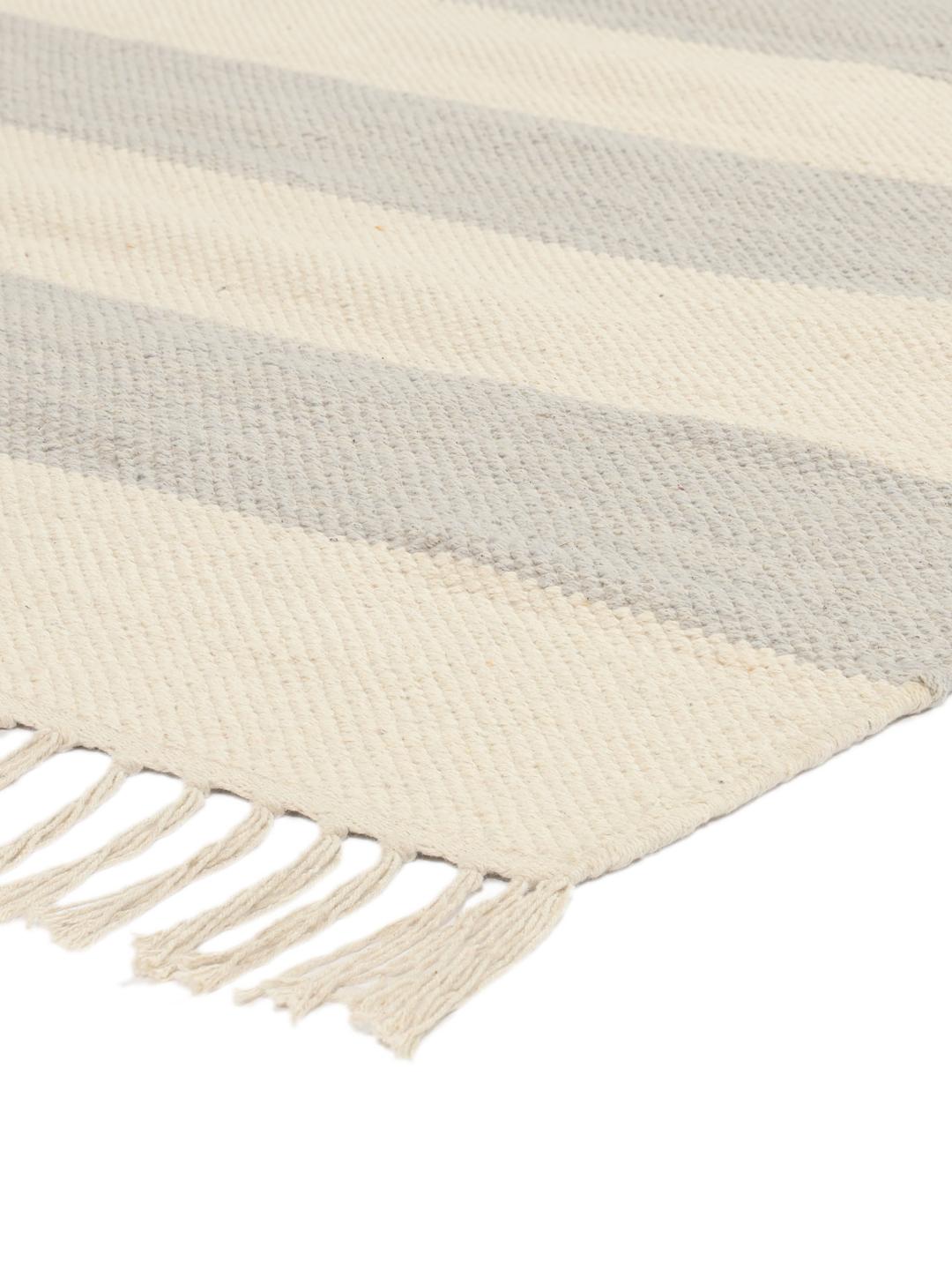 Tapis de couloir en coton tissé à la main avec un motif rayé gris et blanc cassé