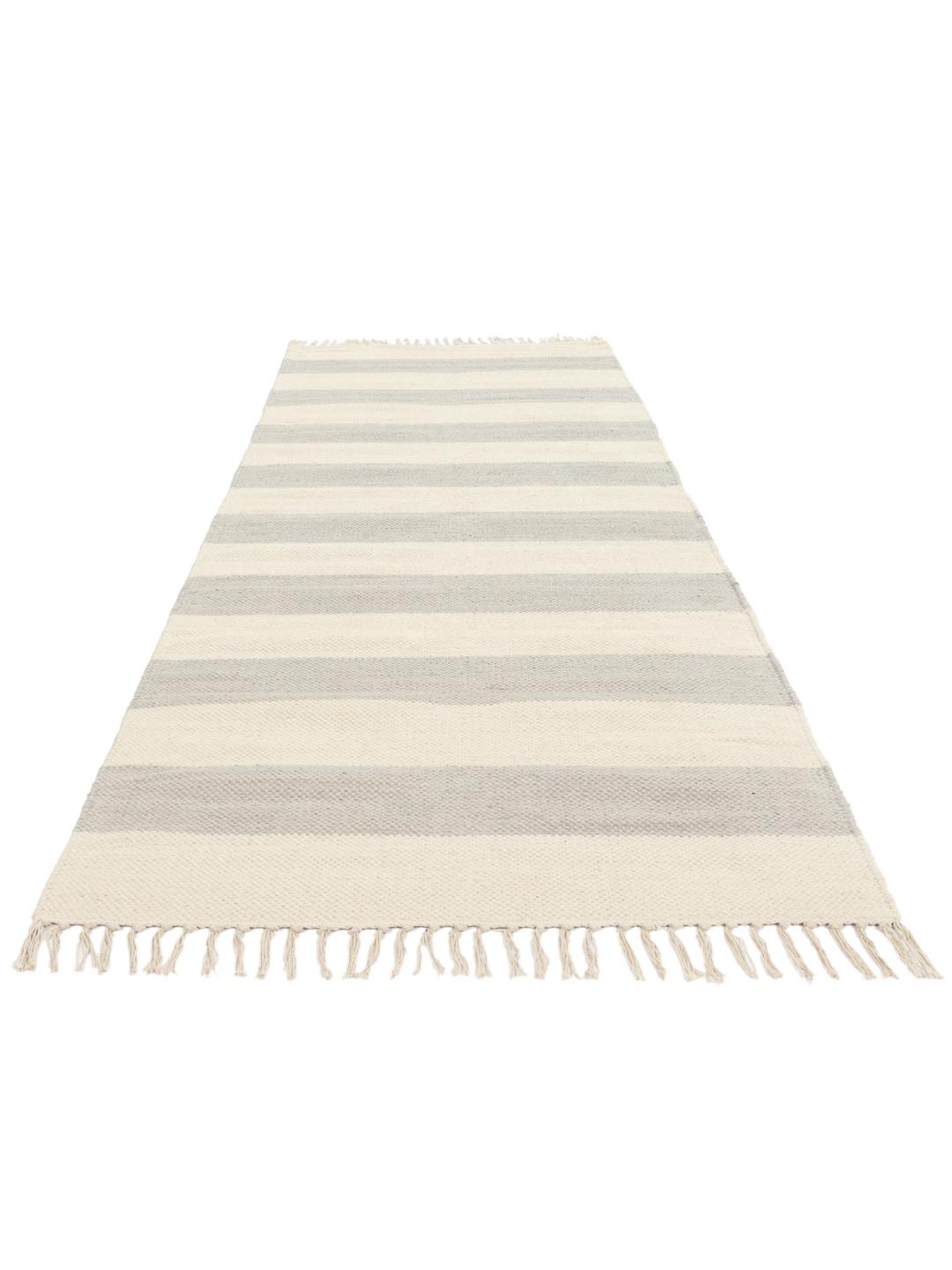 Tapis de couloir en coton tissé à la main avec un motif rayé gris et blanc cassé