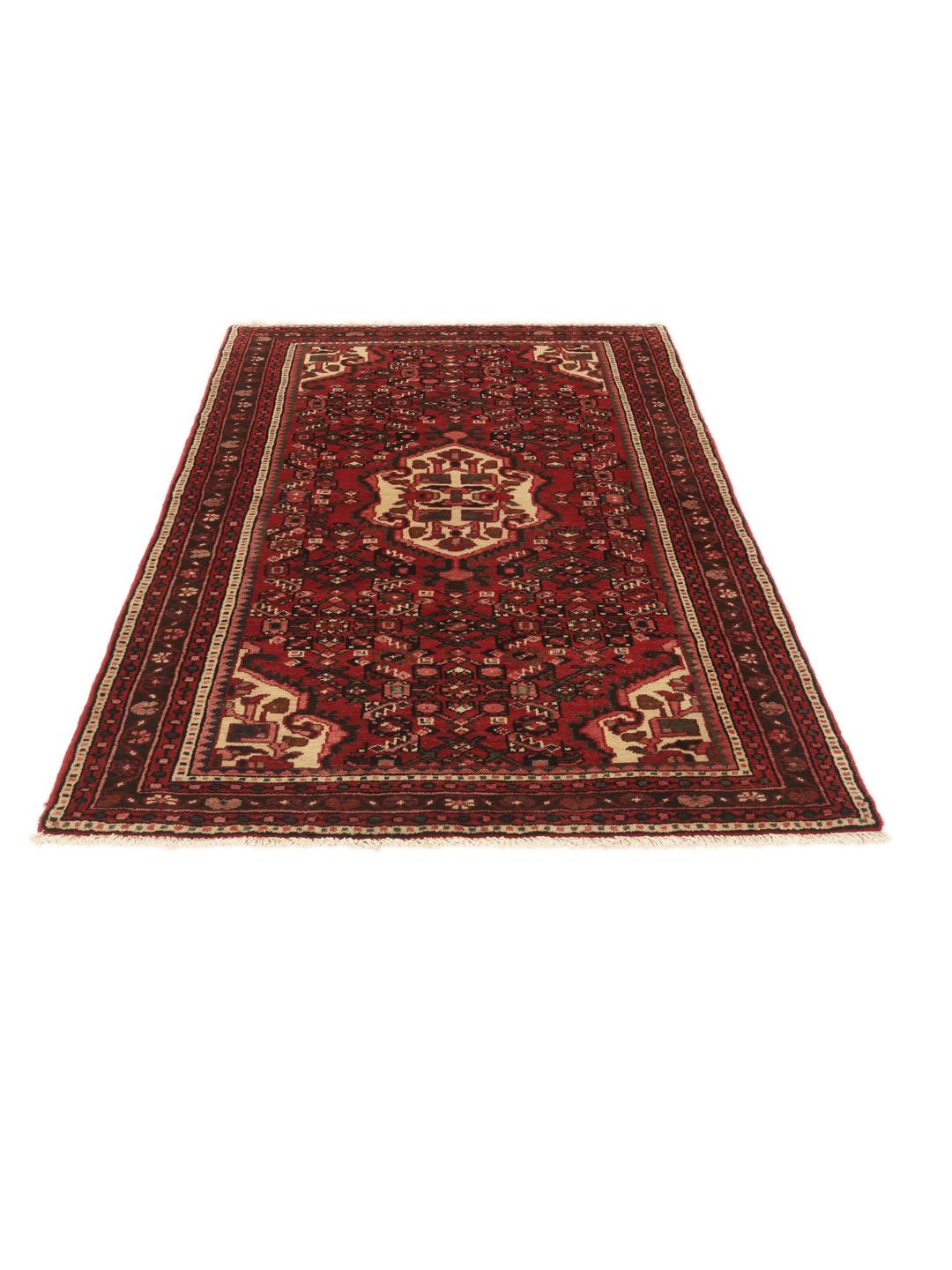 Tapis Hosseinabad noué à la main provenant du Moyen-Orient dans des tons de rouge et rouge foncé