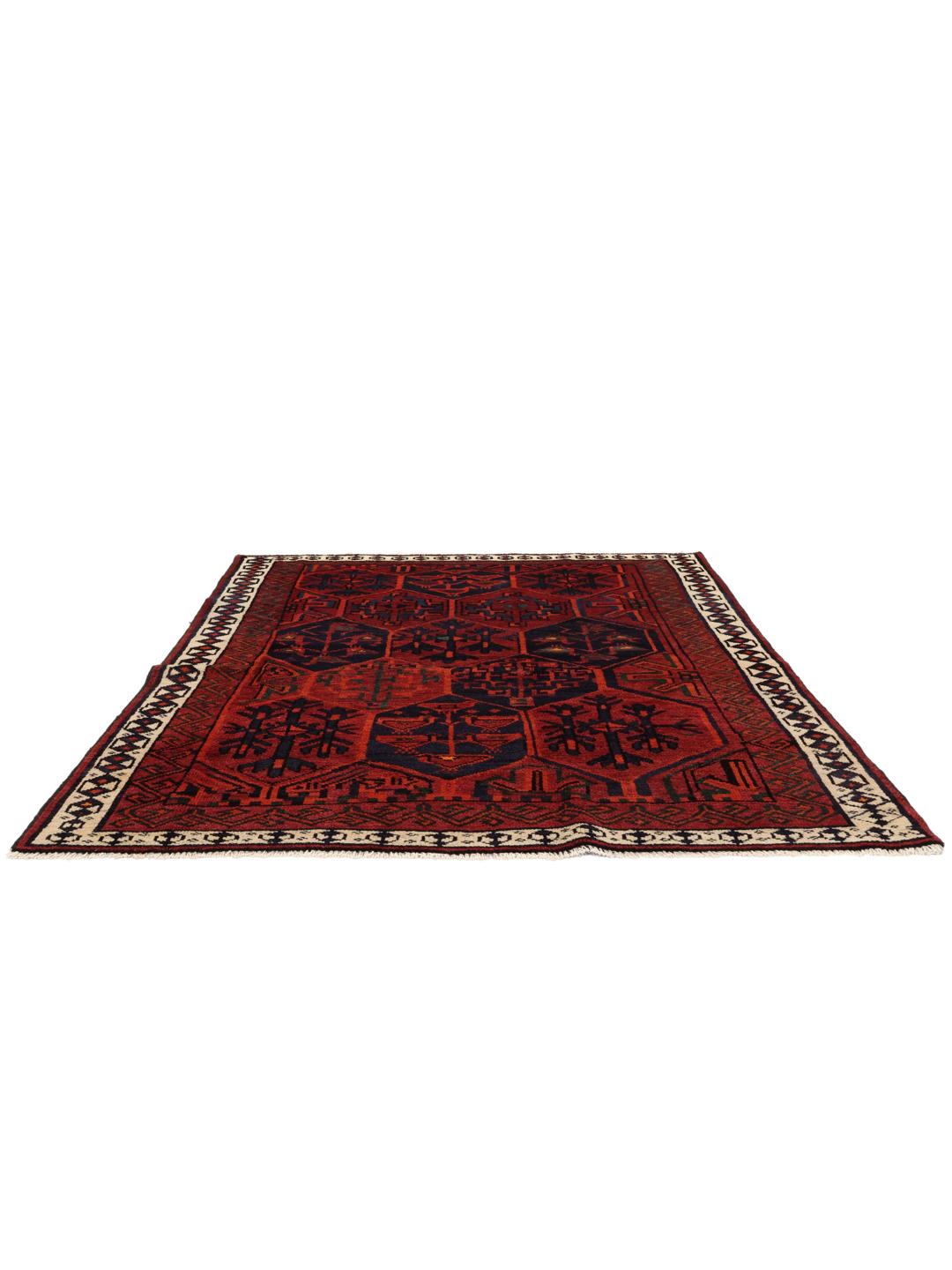 Hand-knotted Lori rug from the Middle East featuring a deep red base with geometric motifs