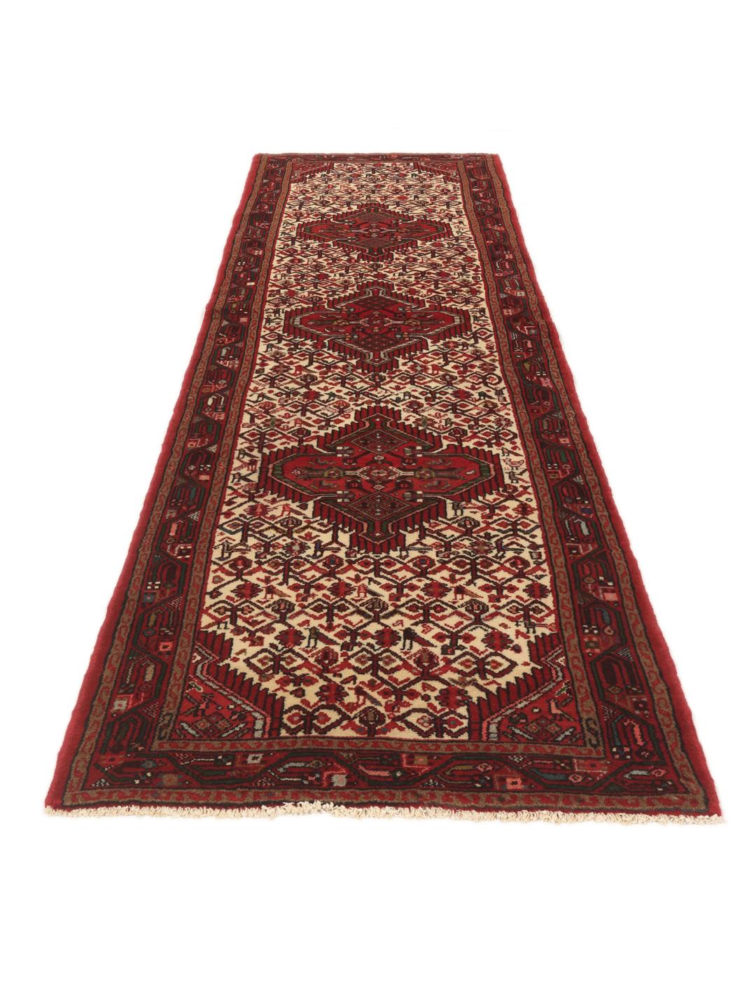 Hand-knotted Asadabad runner with geometric red and cream patterns