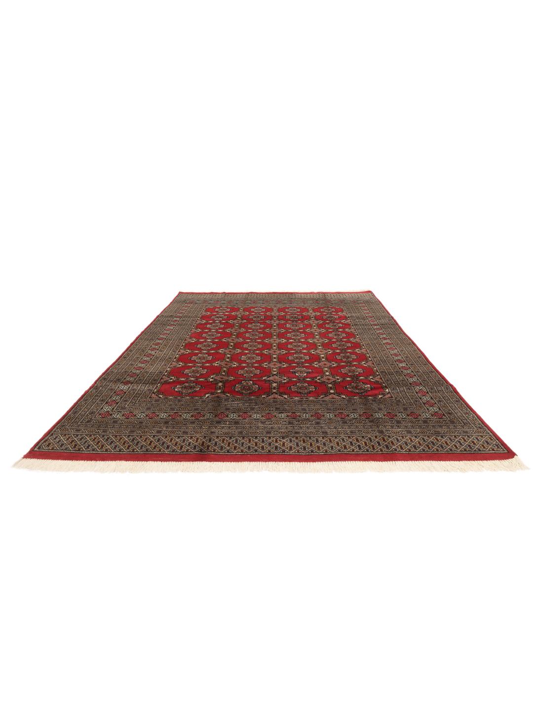 Hand-knotted Pakistan Bokhara 2ply rug in red with traditional geometric motifs