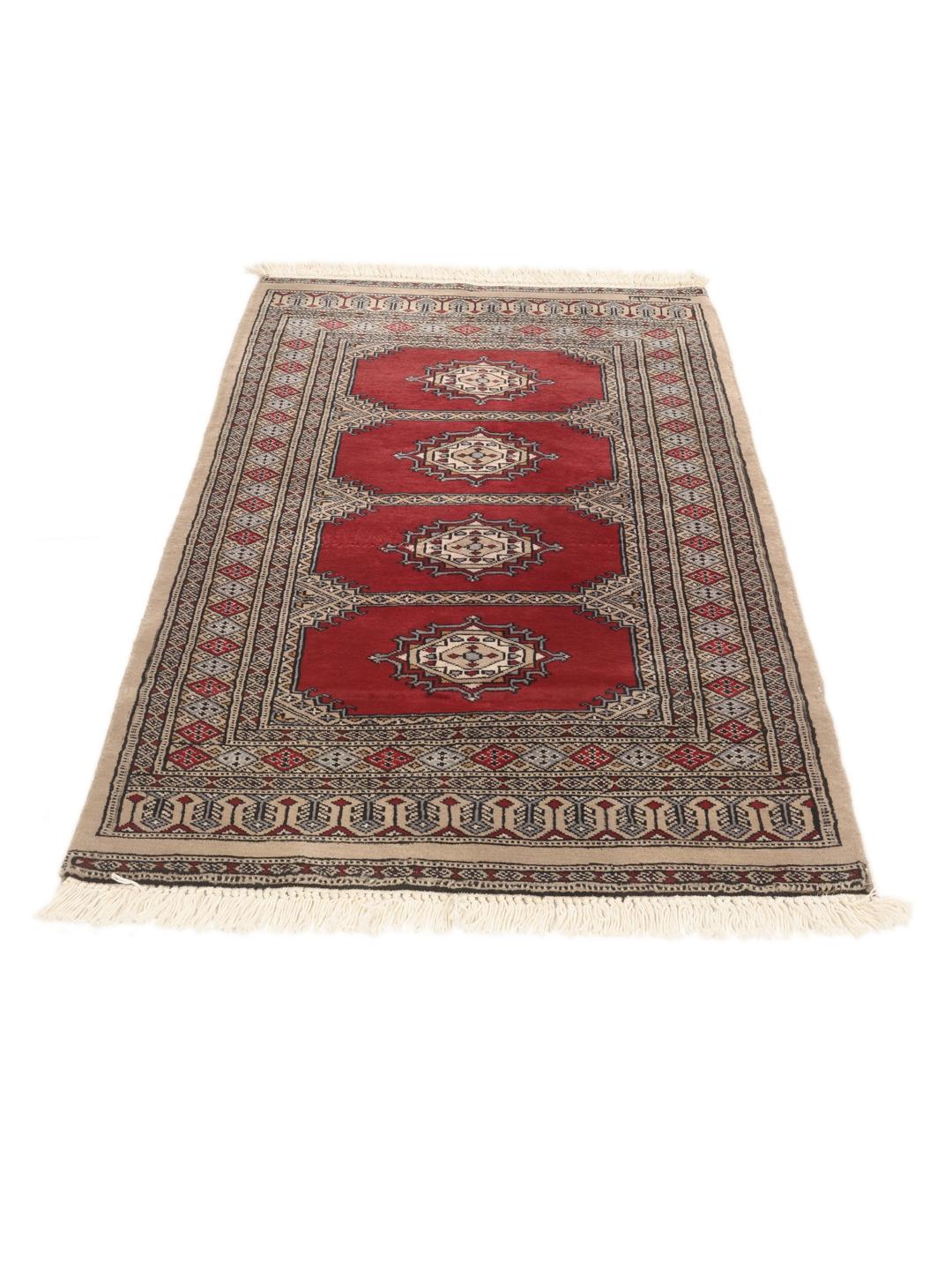 Hand-knotted red Pakistan Bokhara 2ply wool rug with medallion motifs