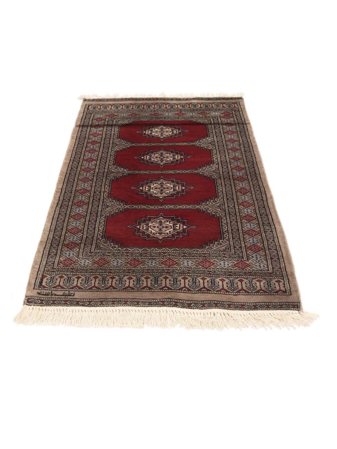 Hand-knotted red Pakistan Bokhara 2ply wool rug with medallion motifs