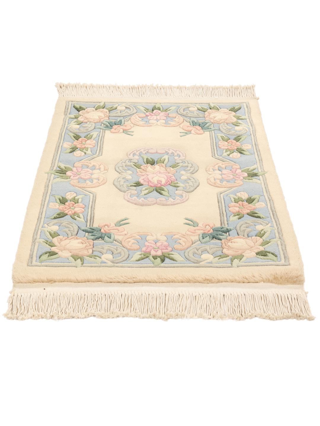 Handgeknoopt Chinees tapijt met bloemmotief in beige en blauw