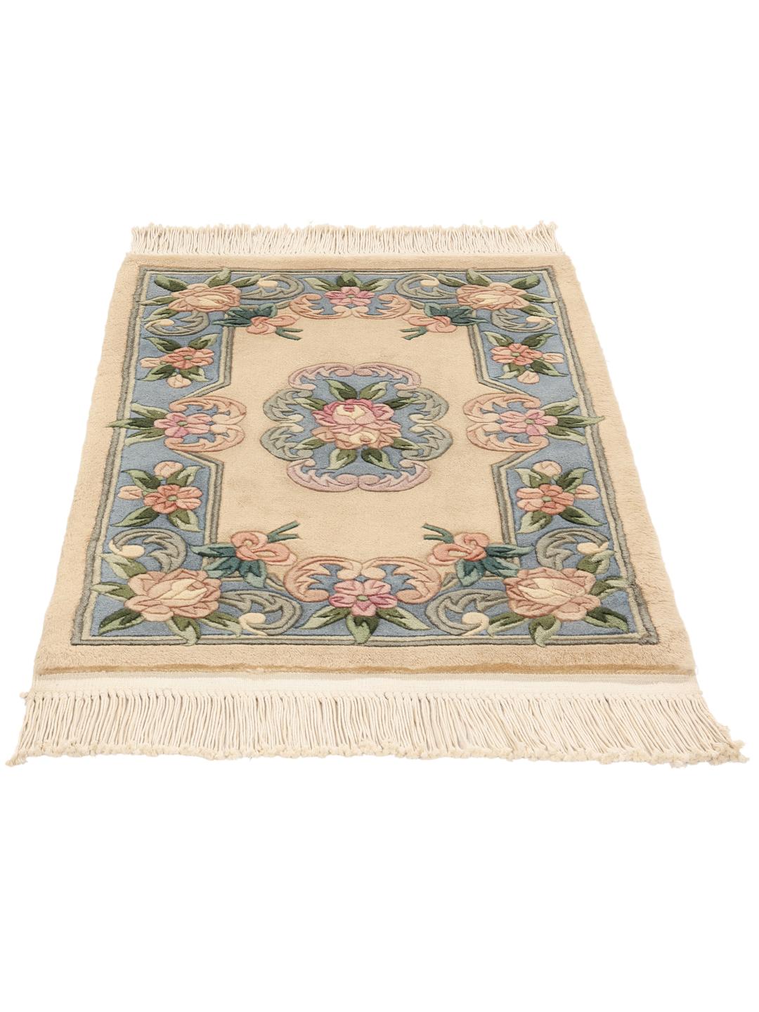 Handgeknoopt Chinees tapijt met bloemmotief in beige en blauw