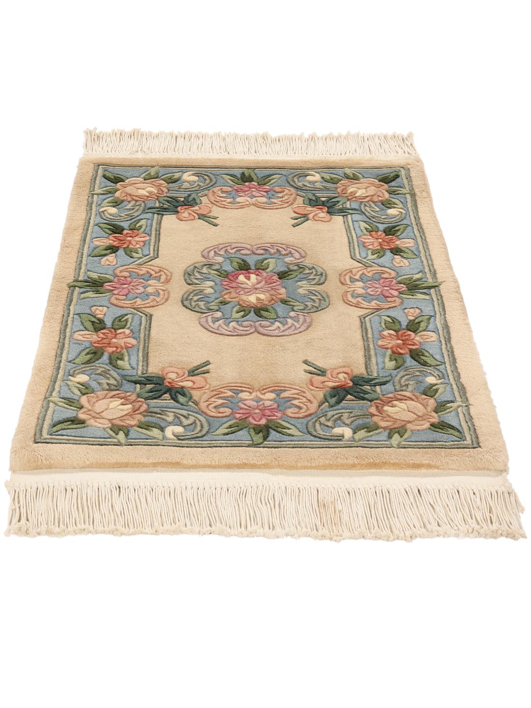 Handgeknoopt Chinees tapijt met bloemmotieven in beige en blauw