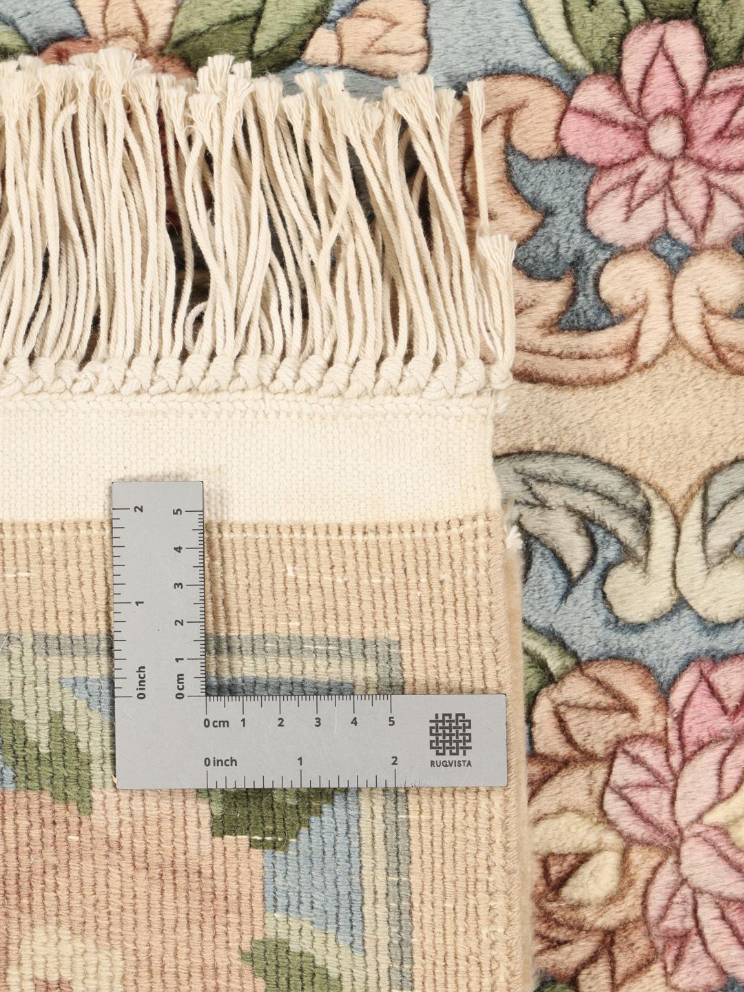 Handgeknoopt Chinees tapijt met bloemmotieven in beige en blauw