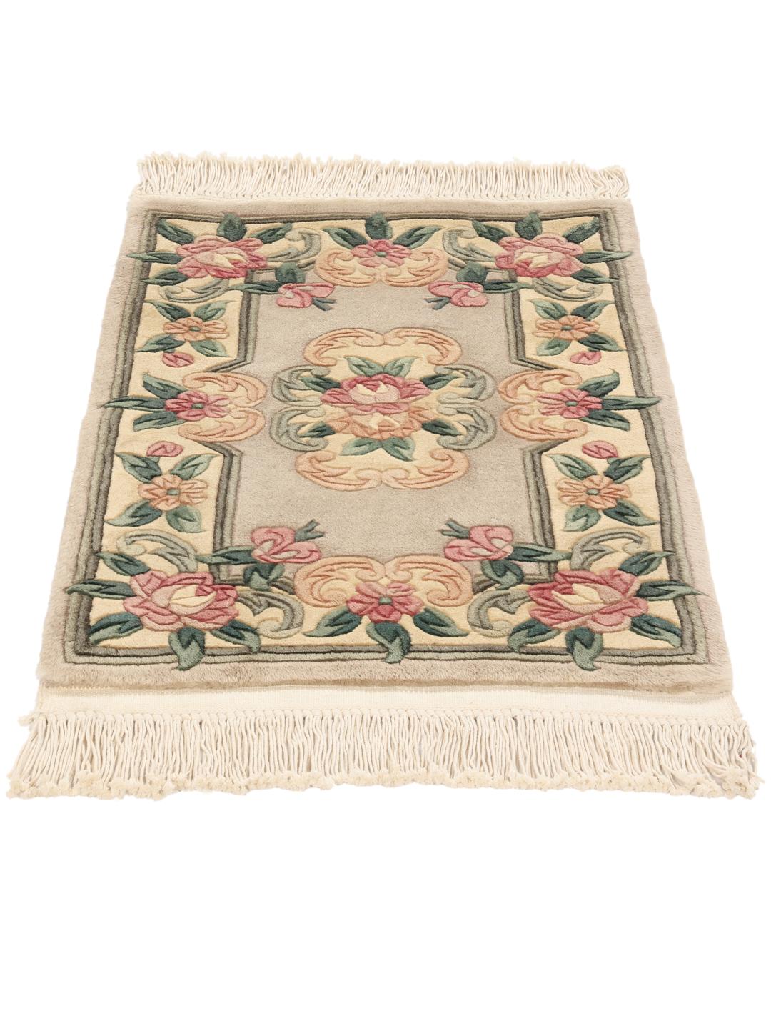 Hand-knotted Chinese rug with floral motifs in beige, pink, and green