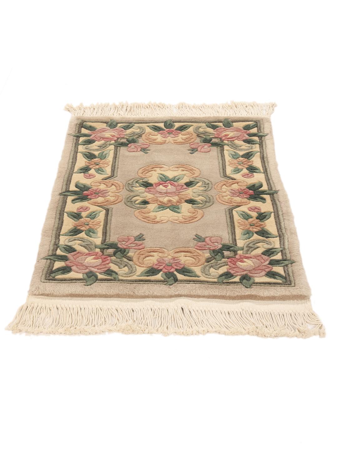 Hand-knotted Chinese rug with floral motifs in beige, pink, and green