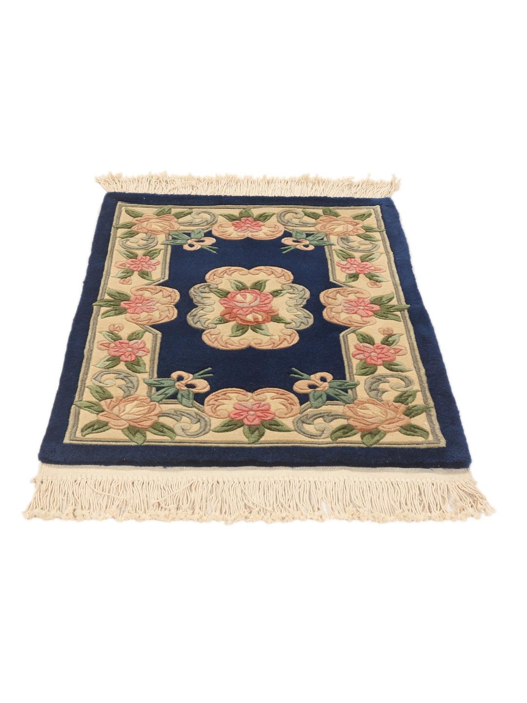 Hand-knotted Chinese rug with floral motifs on a blue and cream background