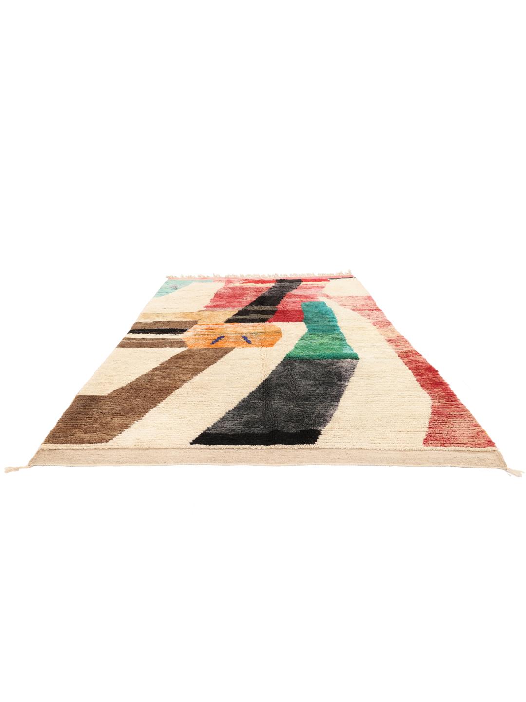 A vibrant, abstract, hand-knotted Berber Beni Ourain rug from Morocco in multicolor.