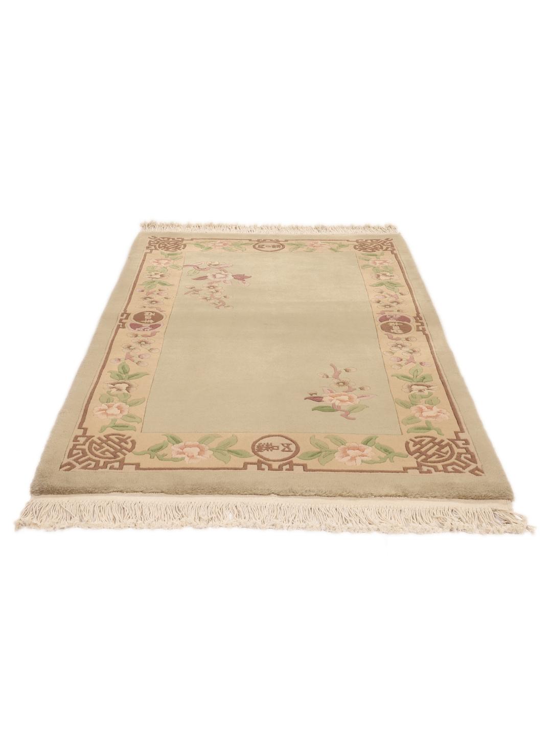 Handgeknoopt Chinees tapijt met bloemmotieven in beige