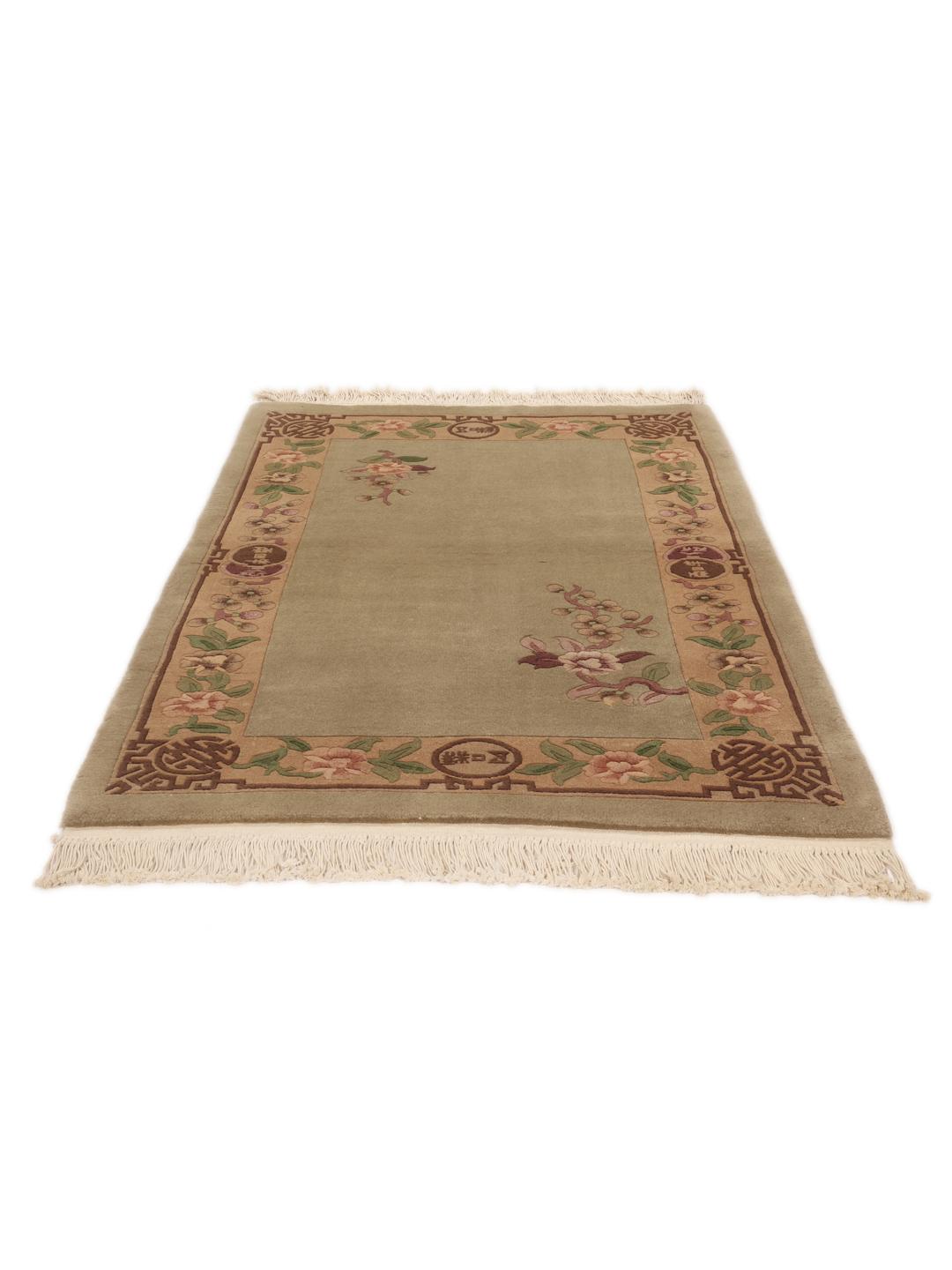 Handgeknoopt Chinees tapijt met bloemmotieven in beige