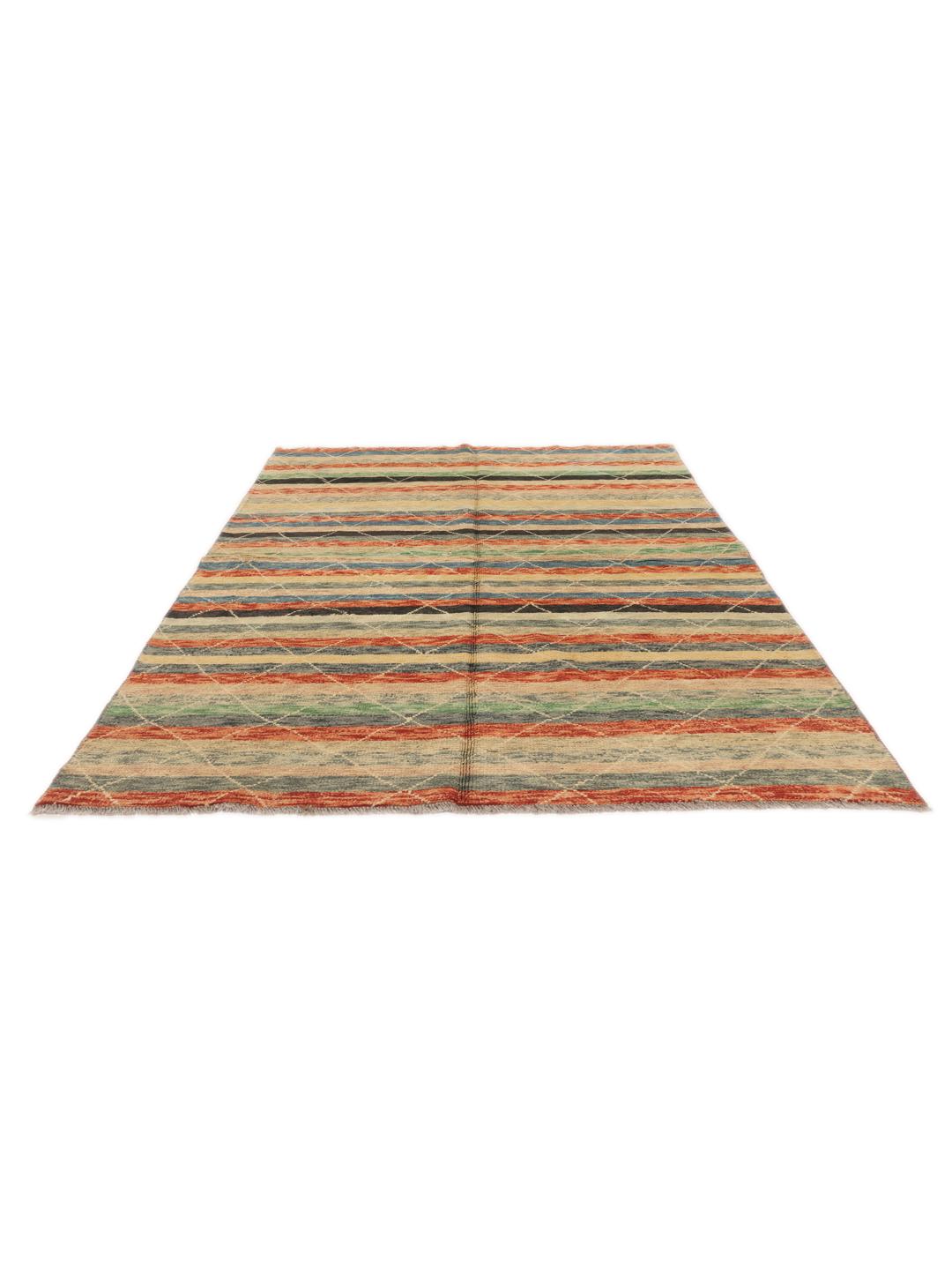 Tapis afghan noué à la main avec un motif rayé multicolore