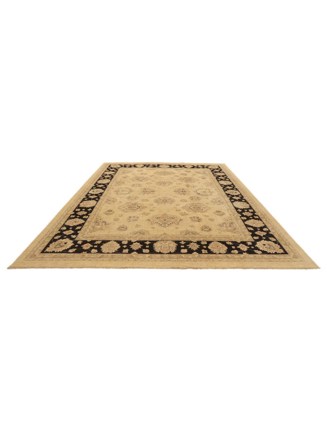 Handmade Ziegler rug from Afghanistan in beige and black with floral motifs
