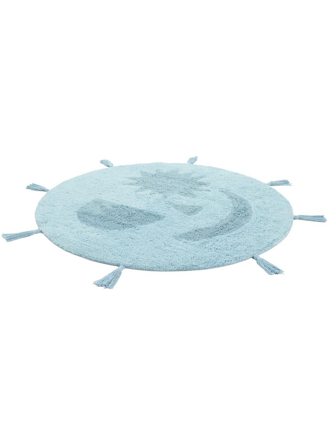 Rond lichtblauw vloerkleed met een speels gezichtontwerp en kwastjes