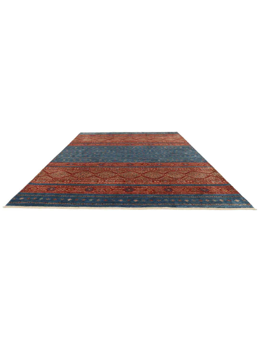 Handgeknoopt Afghaans tapijt met blauwe en rode geometrische patronen