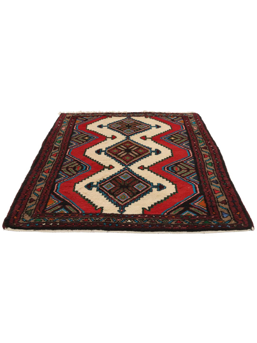 Hand-knotted Asadabad rug from the Middle East featuring a vibrant red, white, and multicolor geometric design.