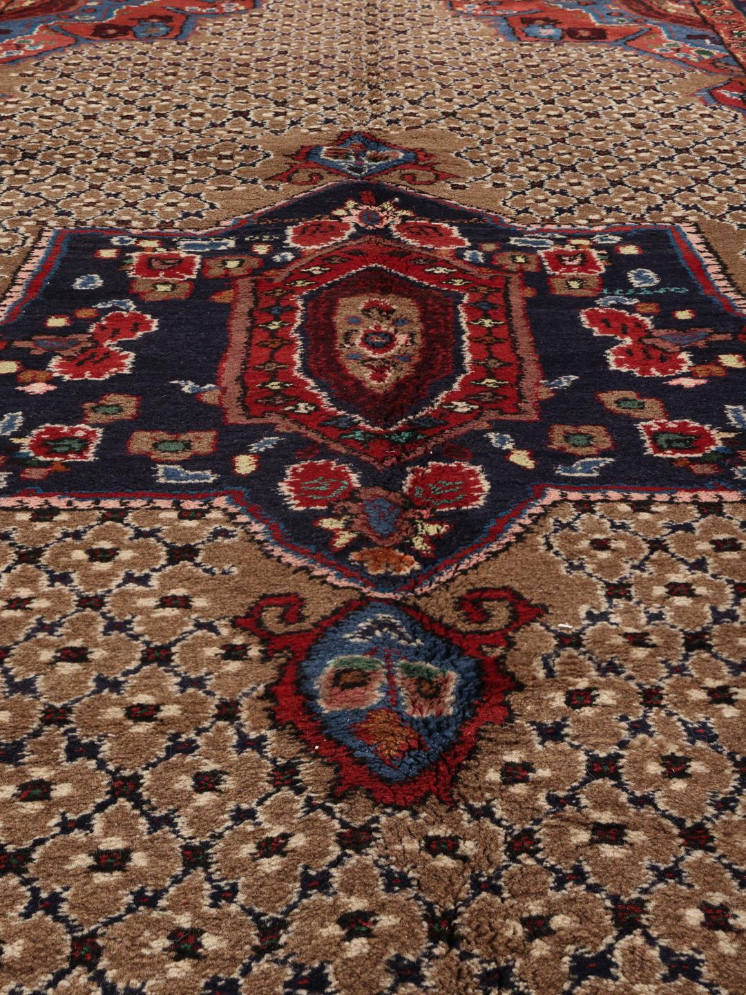 Un tapis Koliai noué à la main avec un médaillon central sur un fond beige et des bordures rouge foncé et bleu