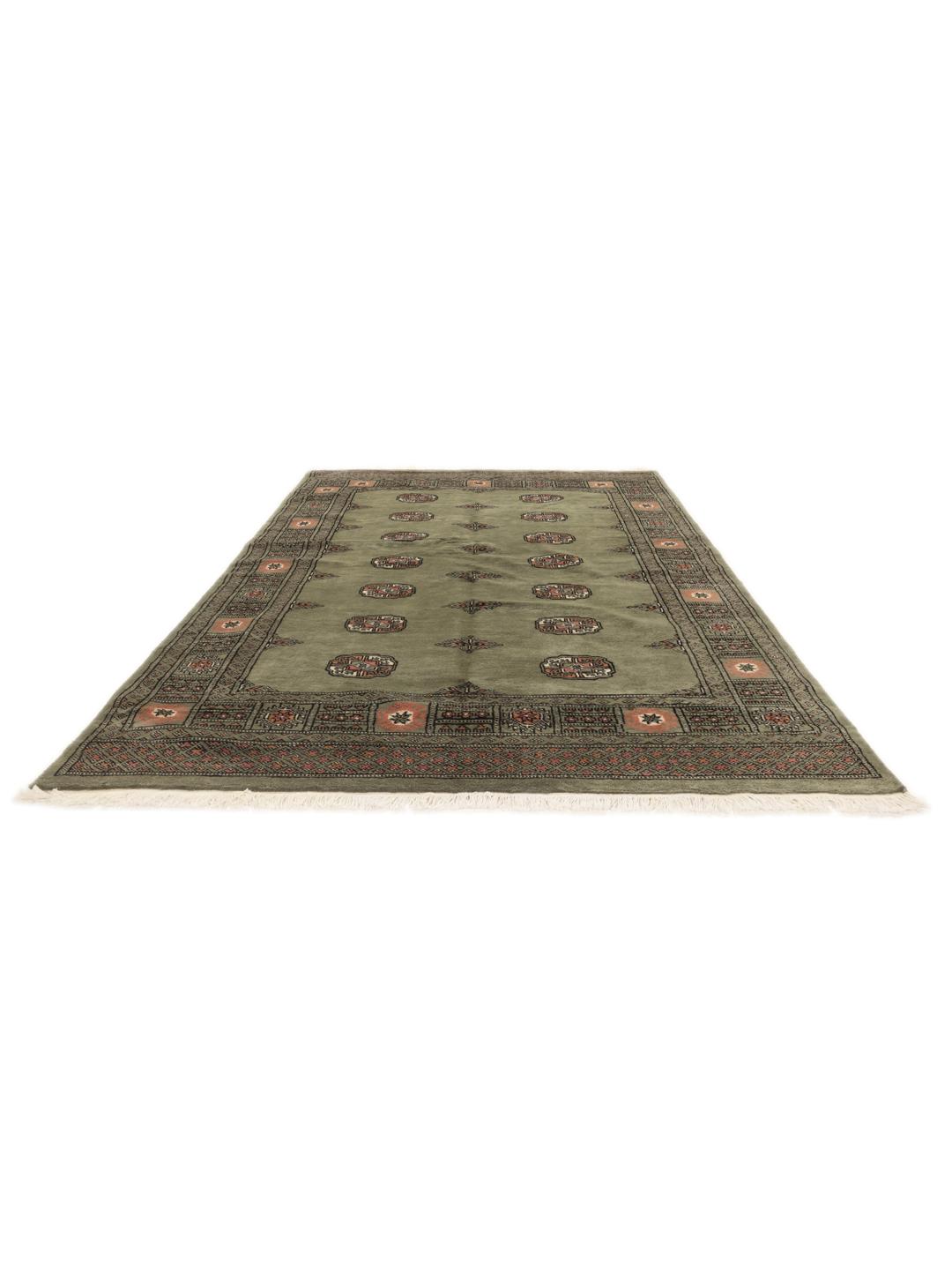 A hand-knotted green Pakistan Bokhara rug with traditional repeating motifs.