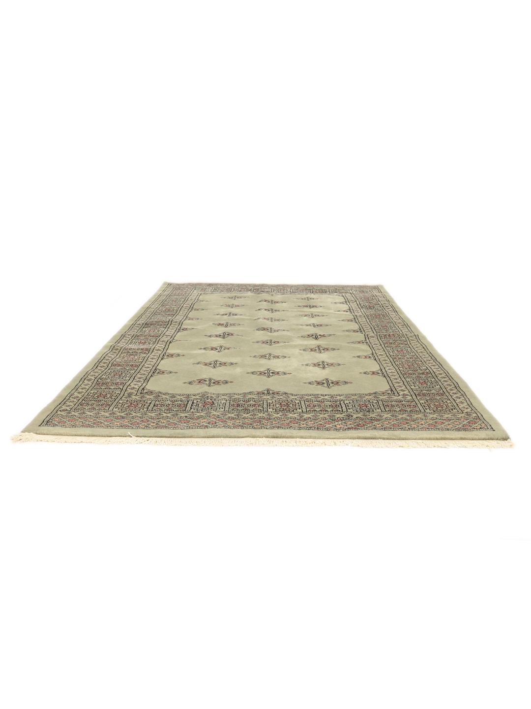 Hand-knotted Pakistan Bokhara 3ply rug in sage green with traditional motifs