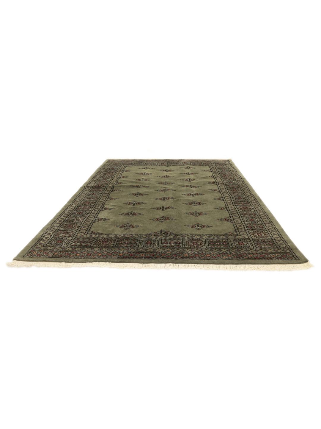 Hand-knotted Pakistan Bokhara 3ply rug in sage green with traditional motifs