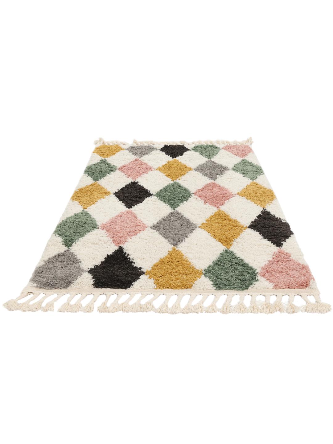 Multicolour tapijt met ruitpatroon en franjes