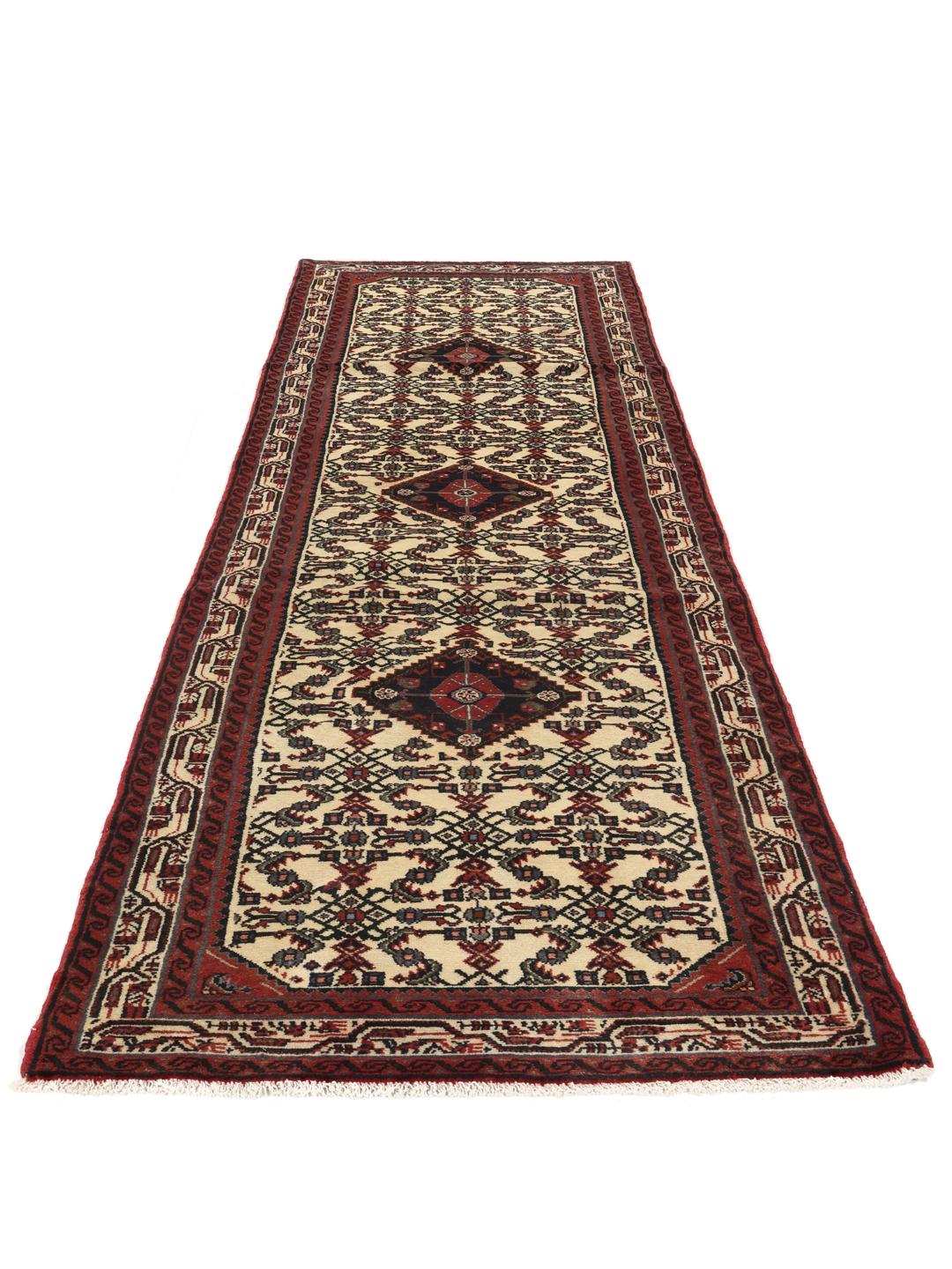 Tapis couloir du Moyen-Orient noué à la main en rouge et beige
