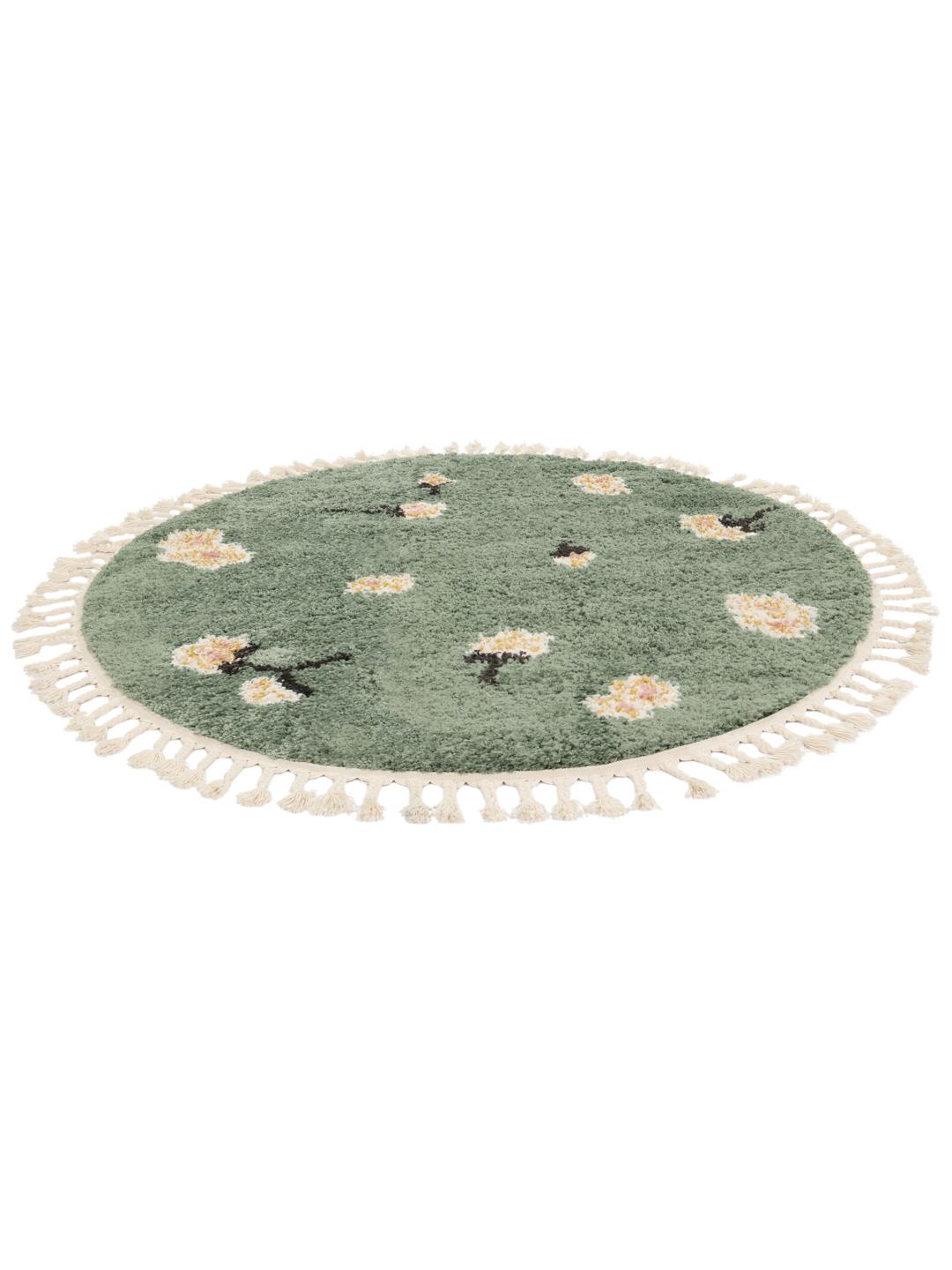 Grønt rundt tæppe med blomstermotiver og franser
