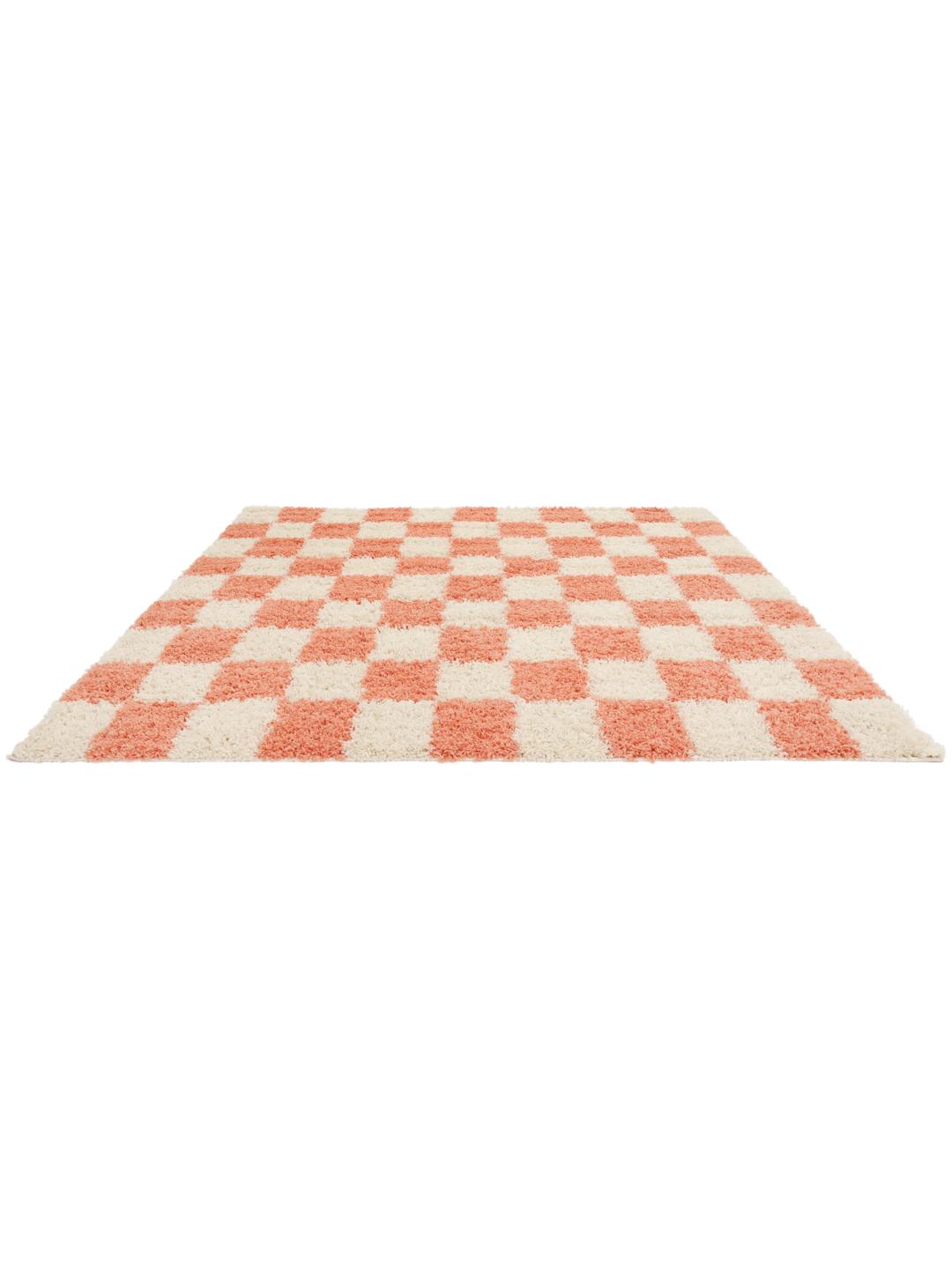 Vierkant vloerkleed met een koraalrood en gebroken wit dambordpatroon