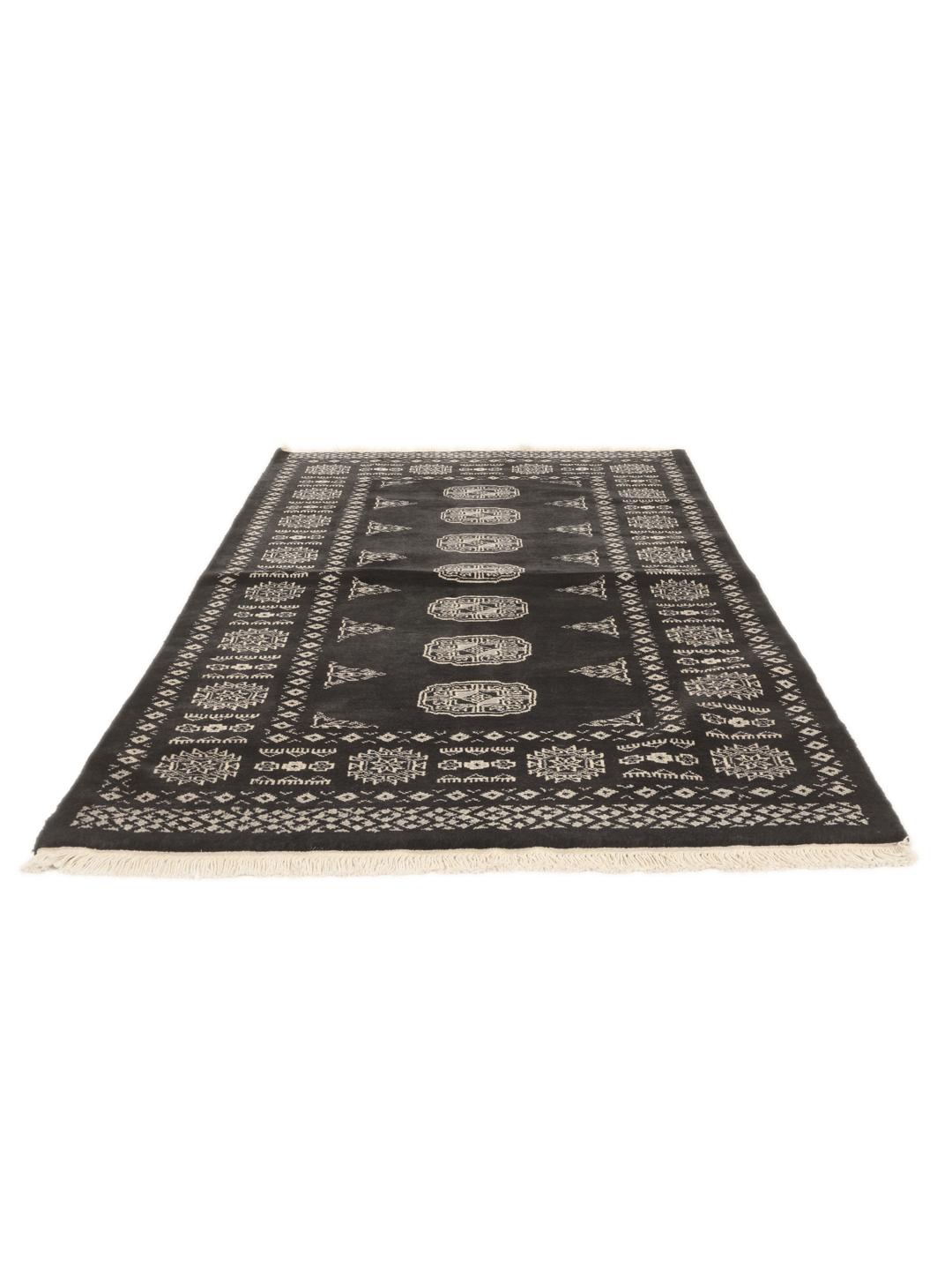 Hand-knotted Pakistan Bokhara rug with black field and geometric motifs