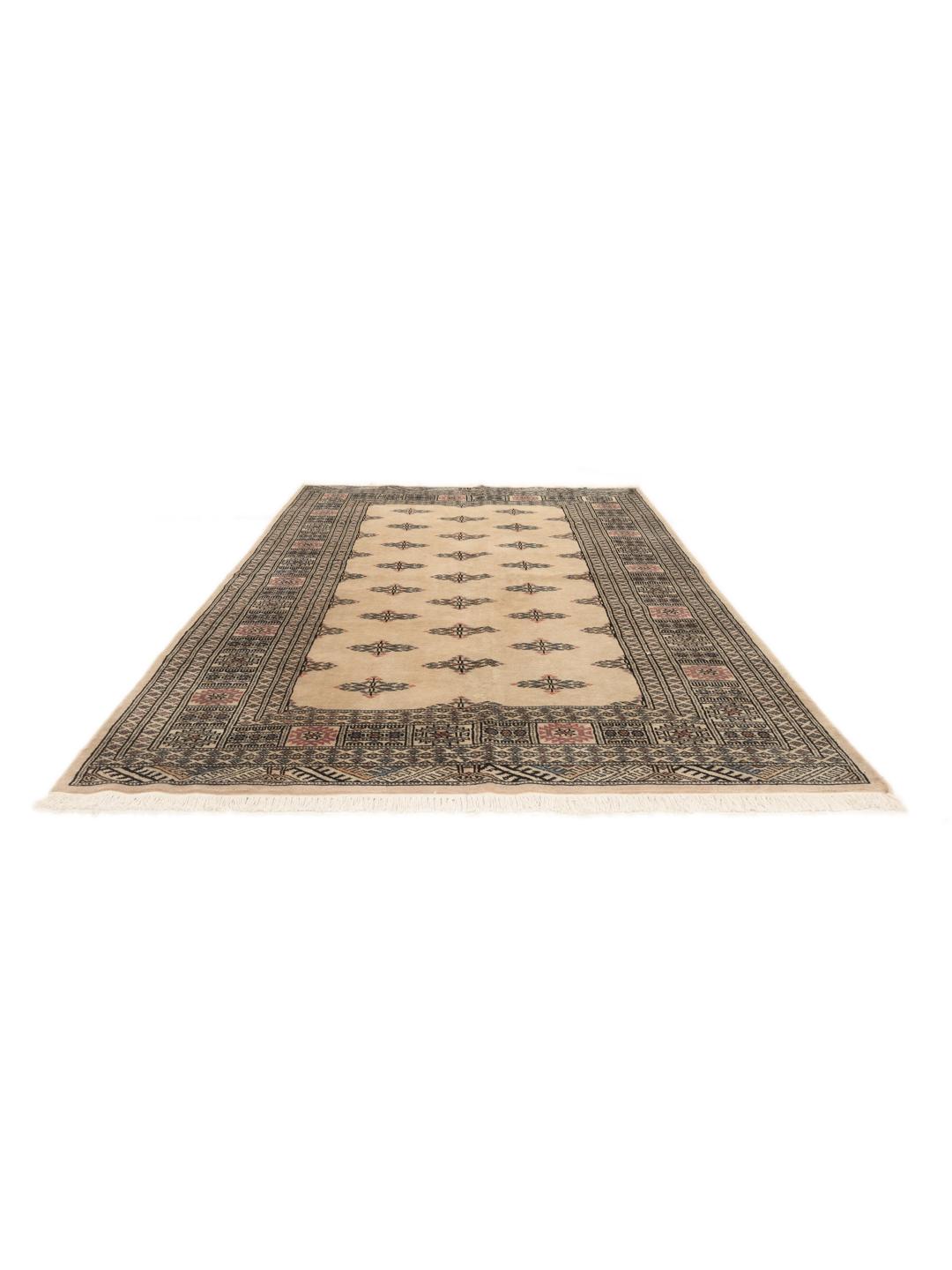 Een handgeknoopt Pakistan Bokhara tapijt met een beige veld en traditionele motieven.