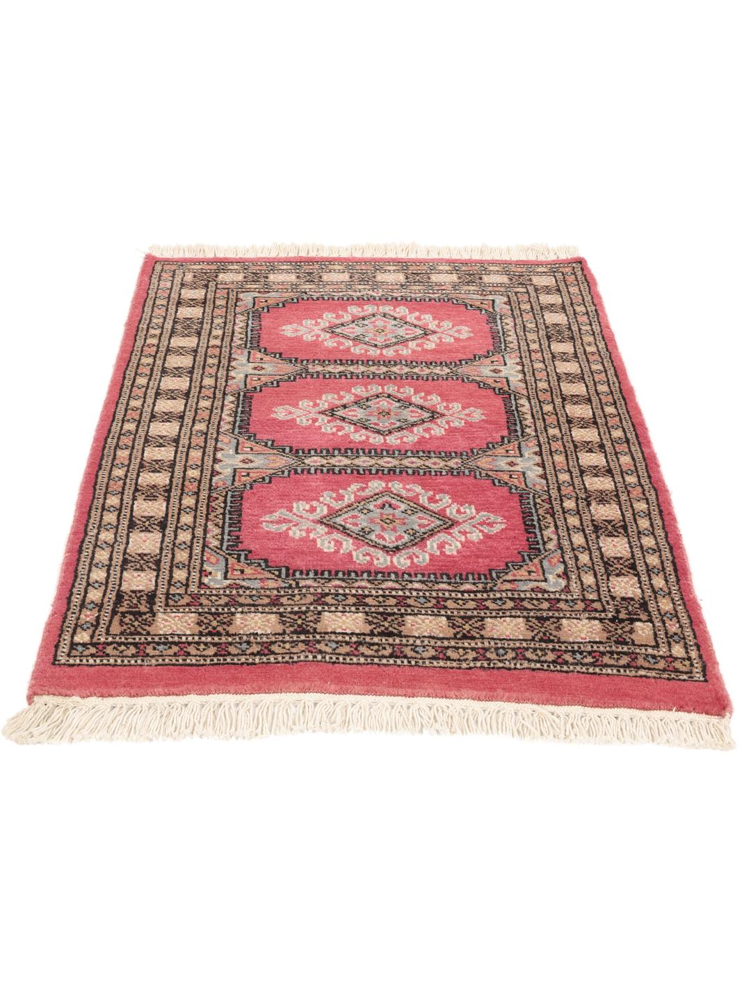 A small, rectangular Pakistan Bokhara 2ply rug in dark-red with geometric medallions.