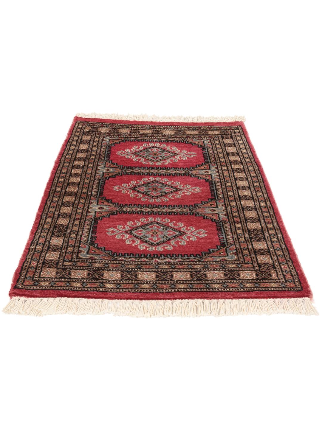A small, rectangular Pakistan Bokhara 2ply rug in dark-red with geometric medallions.
