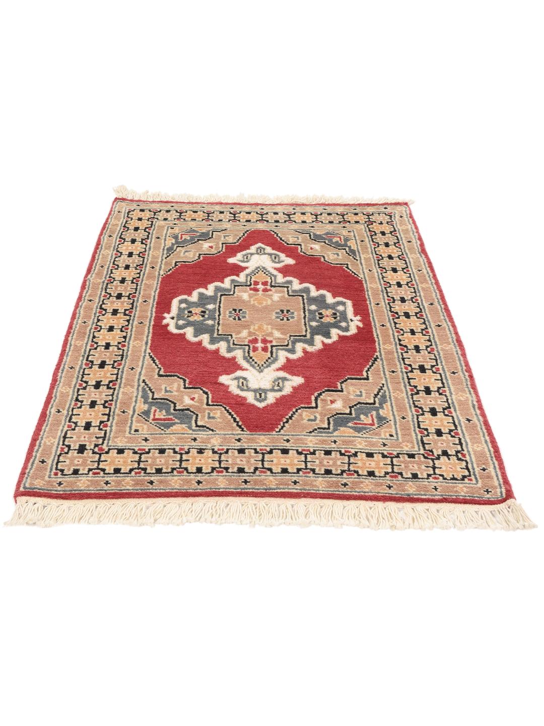 A hand-knotted Pakistan Bokhara wool rug featuring a red and beige geometric design.